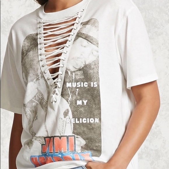 Rockin Artwork Tops - Rockin Artwork Unique Jimi Hendrix fLace Up Front Graphic Tee Sz M